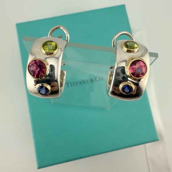 Vintage Tiffany & Co. Etoile Gemstone Hoop Earrings in 18k and 925 15g - Picture 6 of 9